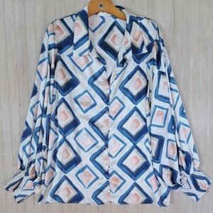First Love By Lovelyn Abstract Geometric Print Blouse Long Puff Sleeve Satin